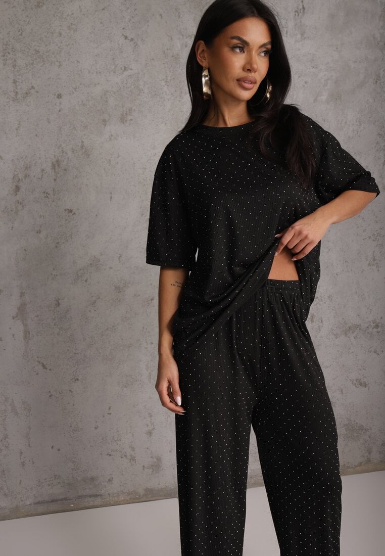 Czarny Oversizowy Komplet Zdobiony Cyrkoniami T-shirt i Spodnie Arnateia