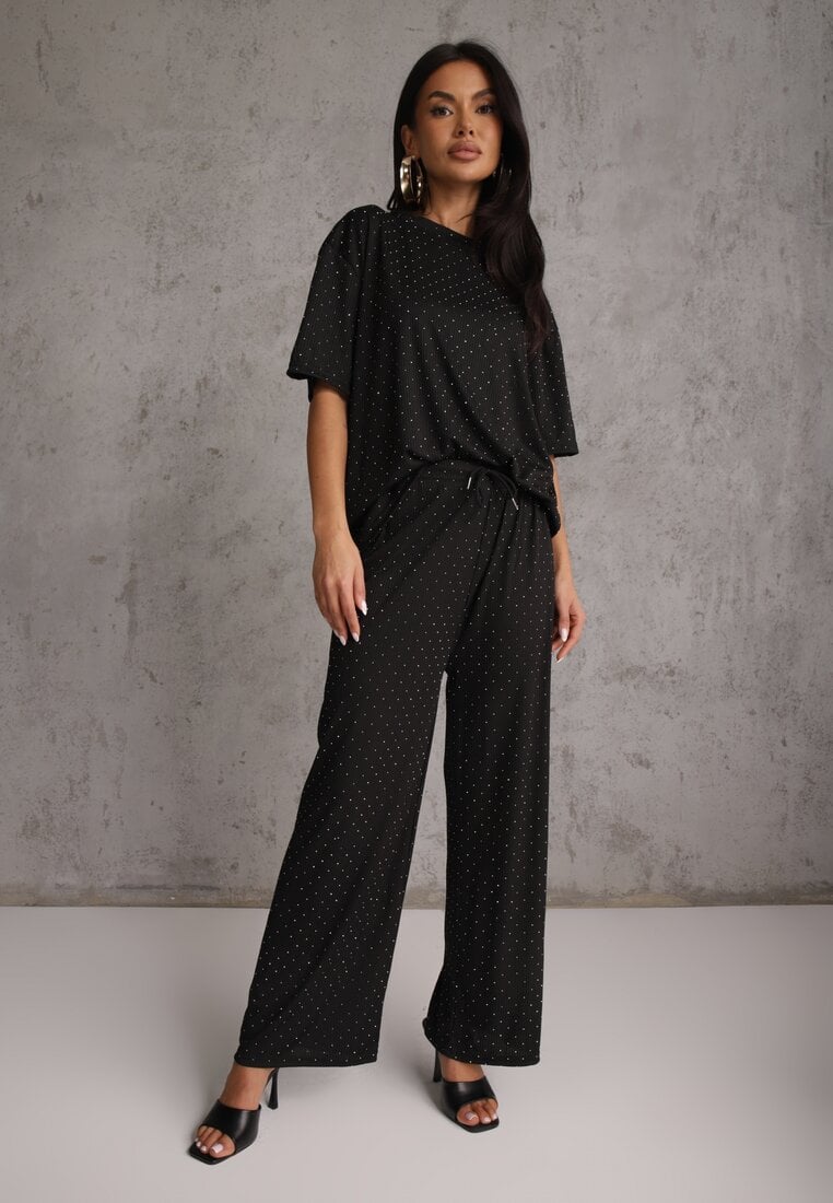 Czarny Oversizowy Komplet Zdobiony Cyrkoniami T-shirt i Spodnie Arnateia