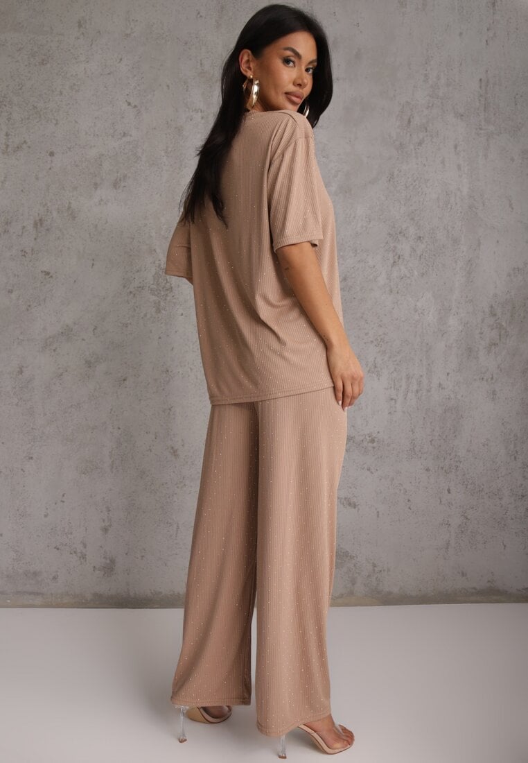 Beżowy Oversizowy Komplet Zdobiony Cyrkoniami T-shirt i Spodnie Arnateia