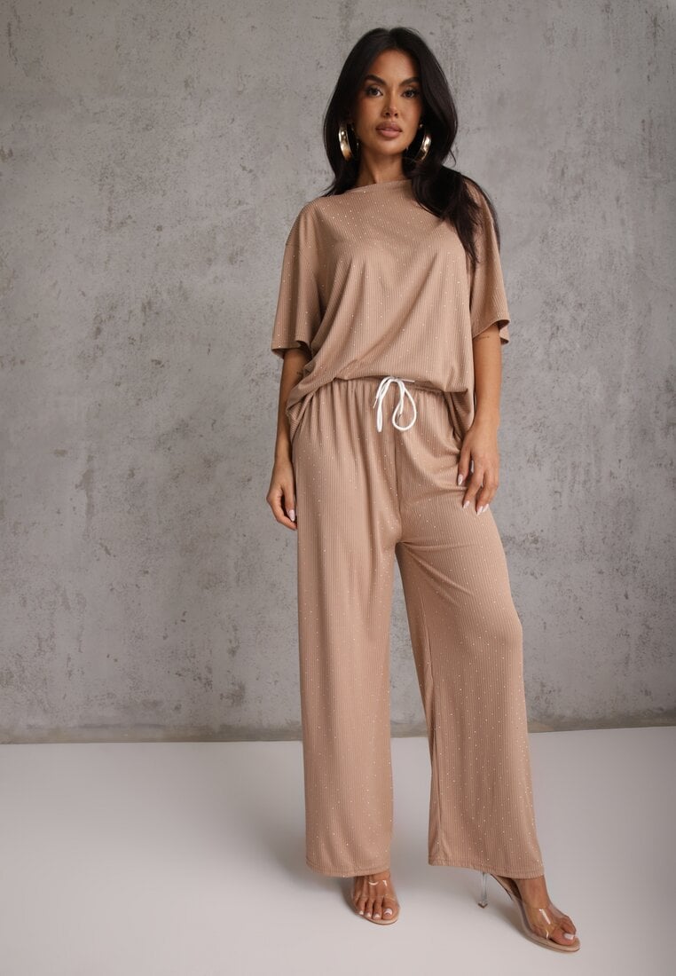 Beżowy Oversizowy Komplet Zdobiony Cyrkoniami T-shirt i Spodnie Arnateia