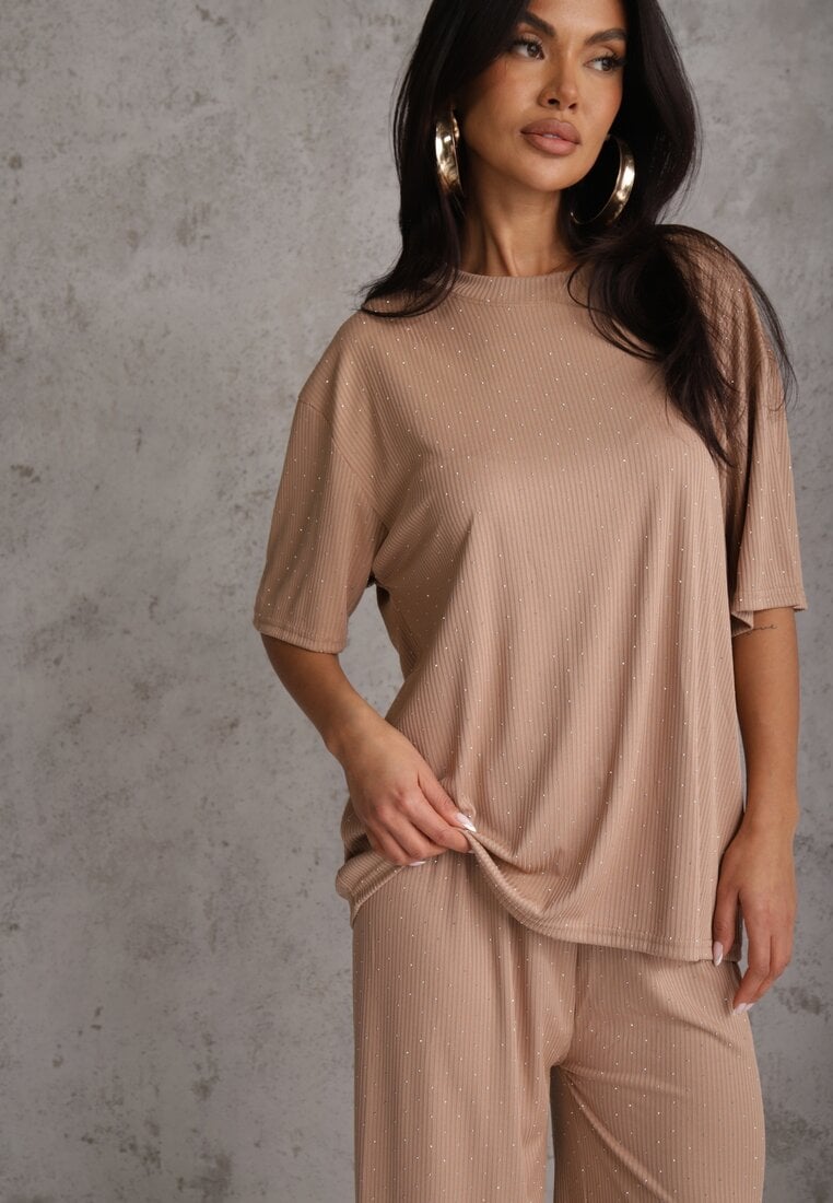 Beżowy Oversizowy Komplet Zdobiony Cyrkoniami T-shirt i Spodnie Arnateia