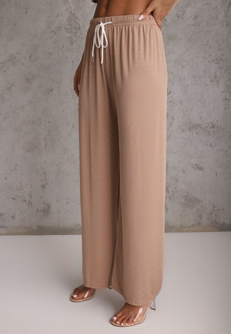 Beżowy Oversizowy Komplet Zdobiony Cyrkoniami T-shirt i Spodnie Arnateia