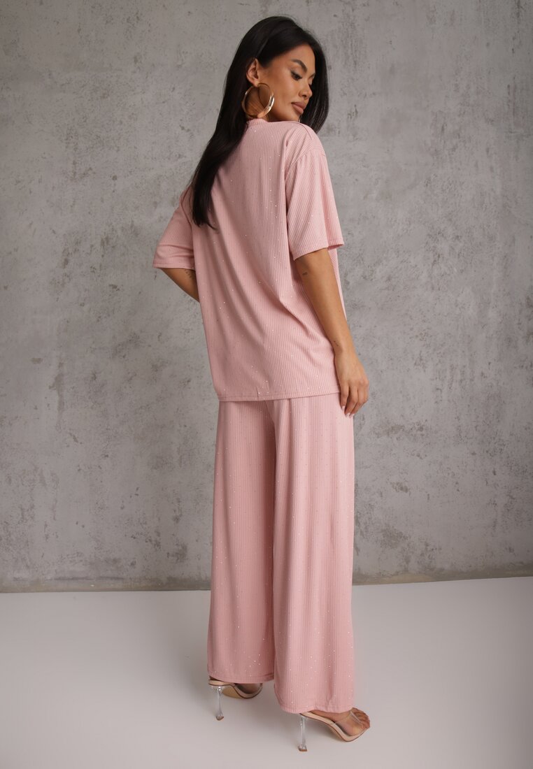 Różowy Oversizowy Komplet Zdobiony Cyrkoniami T-shirt i Spodnie Arnateia