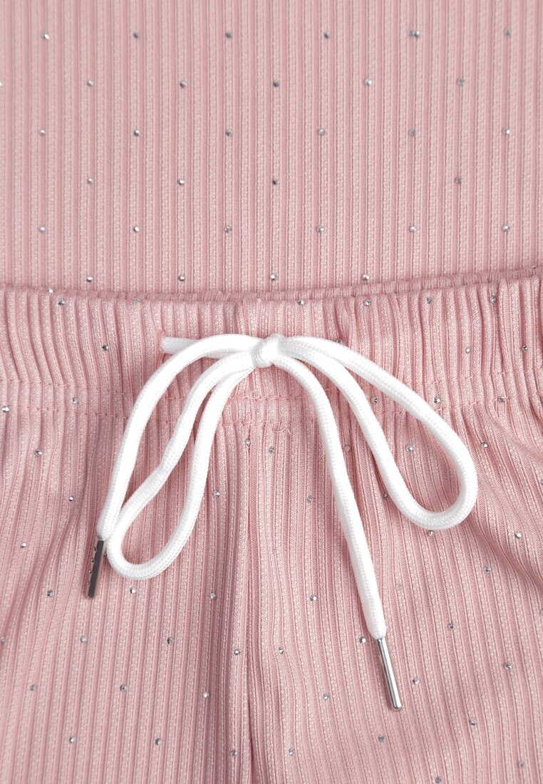 Różowy Oversizowy Komplet Zdobiony Cyrkoniami T-shirt i Spodnie Arnateia