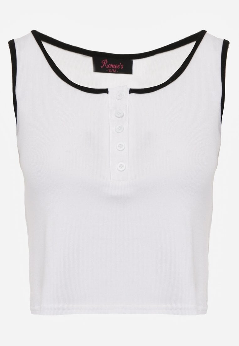 Biały Prążkowany Top z Bawełny Ozdobiony Guzikami przy Dekolcie Beralissa