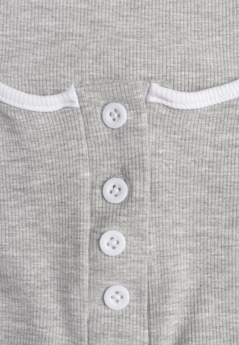 Szary Prążkowany Top z Bawełny Ozdobiony Guzikami przy Dekolcie Beralissa