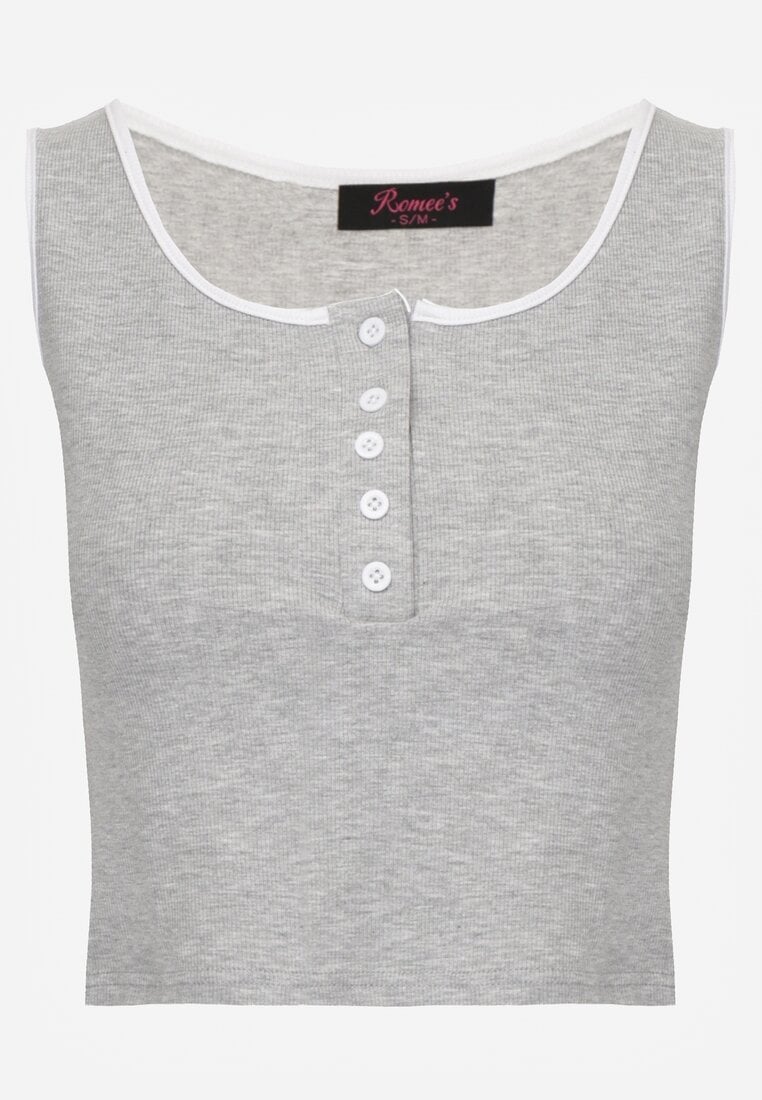Szary Prążkowany Top z Bawełny Ozdobiony Guzikami przy Dekolcie Beralissa