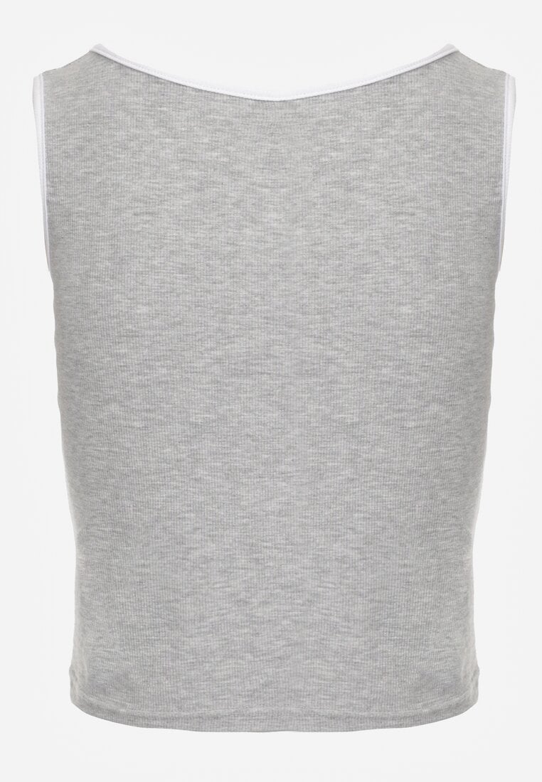 Szary Prążkowany Top z Bawełny Ozdobiony Guzikami przy Dekolcie Beralissa