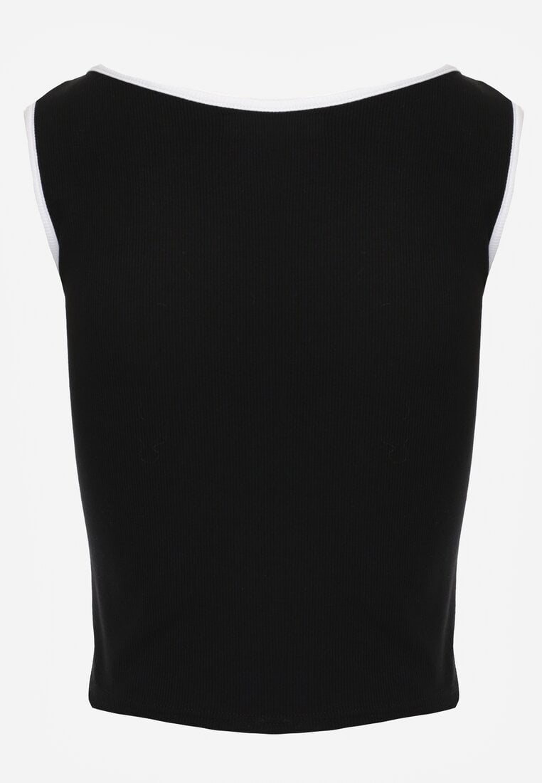 Czarny Prążkowany Top z Bawełny Ozdobiony Guzikami przy Dekolcie Beralissa