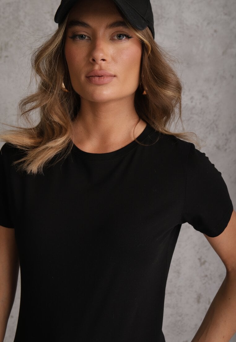 Czarny T-shirt z Bawełny z Okrągłym Dekoltem Nedima