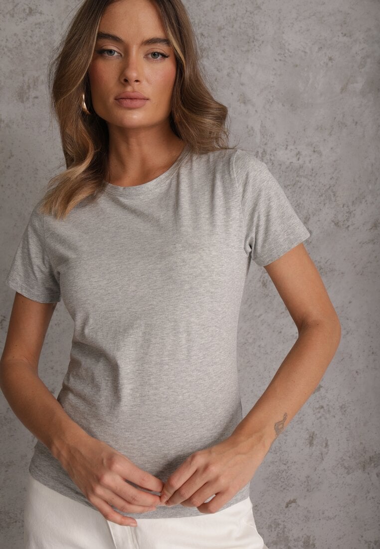 Szary T-shirt z Bawełny z Okrągłym Dekoltem Nedima
