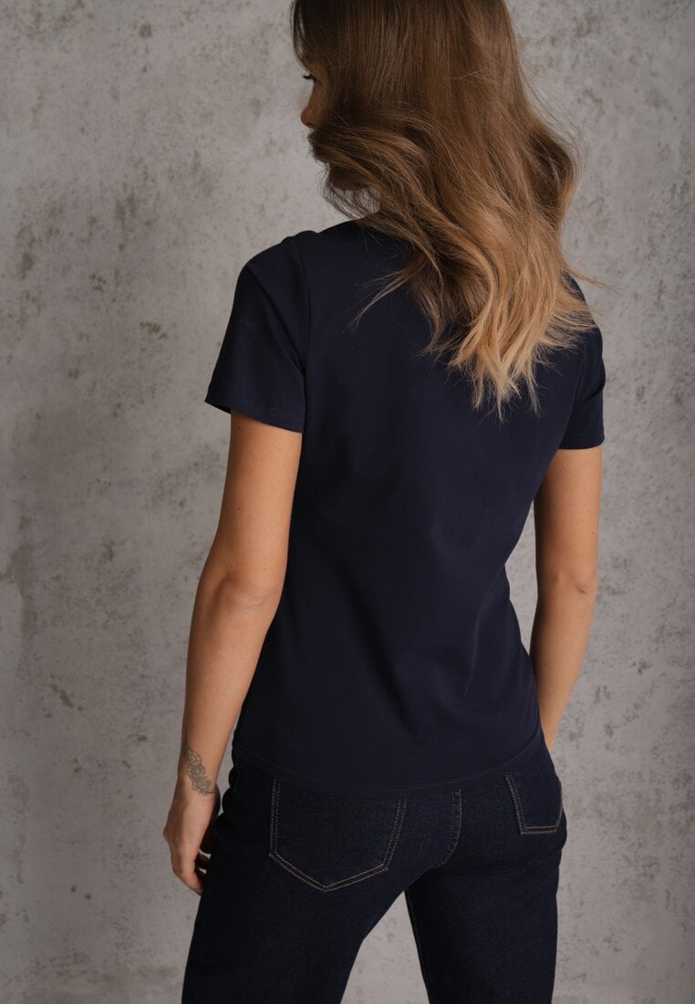 Granatowy T-shirt z Bawełny z Okrągłym Dekoltem Nedima