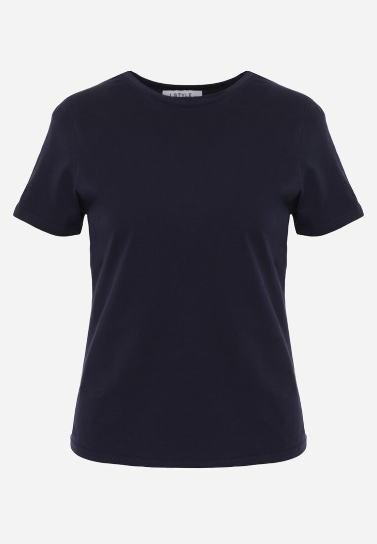 Granatowy T-shirt z Bawełny z Okrągłym Dekoltem Nedima