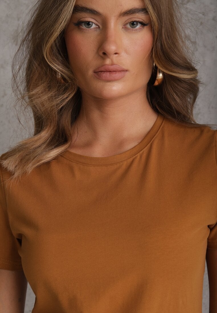 Brązowy T-shirt z Bawełny z Okrągłym Dekoltem Nedima