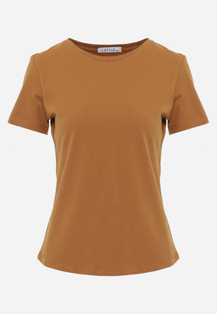 Brązowy T-shirt z Bawełny z Okrągłym Dekoltem Nedima