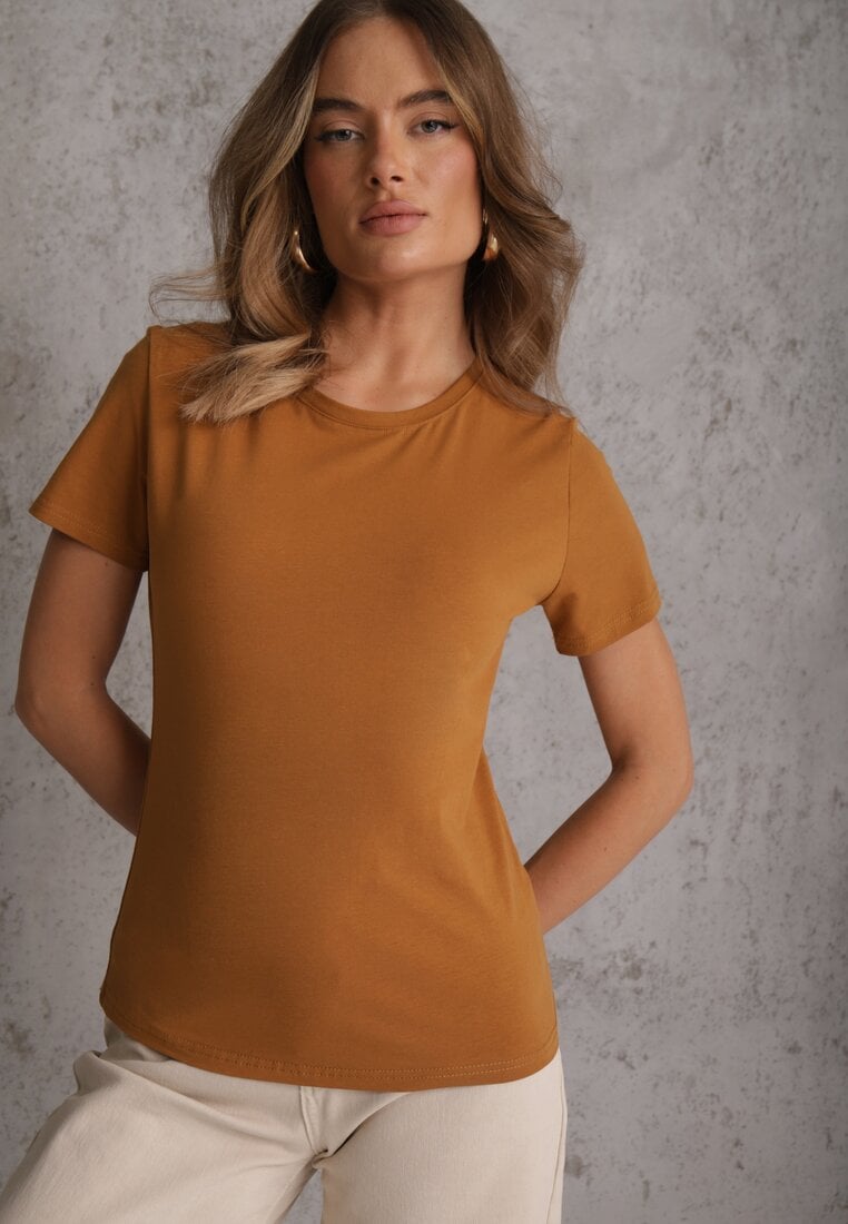 Brązowy T-shirt z Bawełny z Okrągłym Dekoltem Nedima