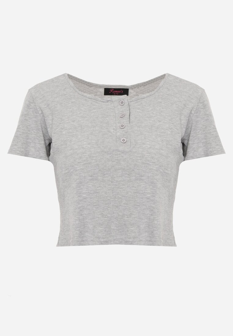 Szary Top z Bawełny Ozdobiony Guzikami przy Dekolcie Nediva