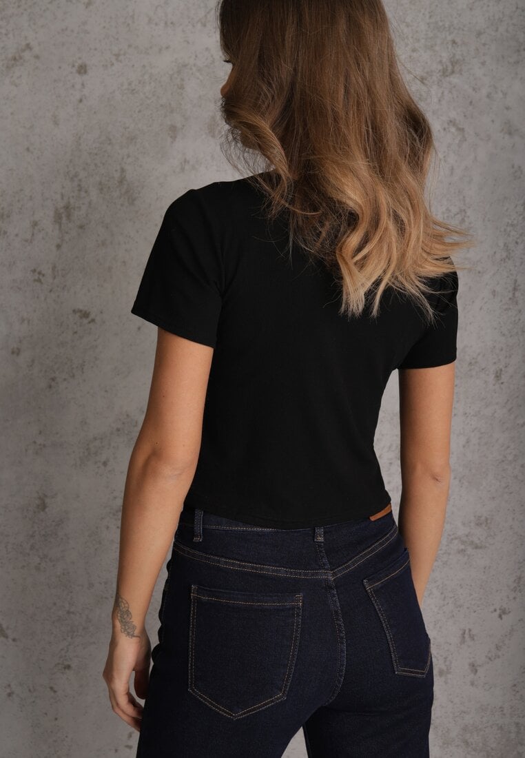 Czarny Top z Bawełny Ozdobiony Guzikami przy Dekolcie Nediva