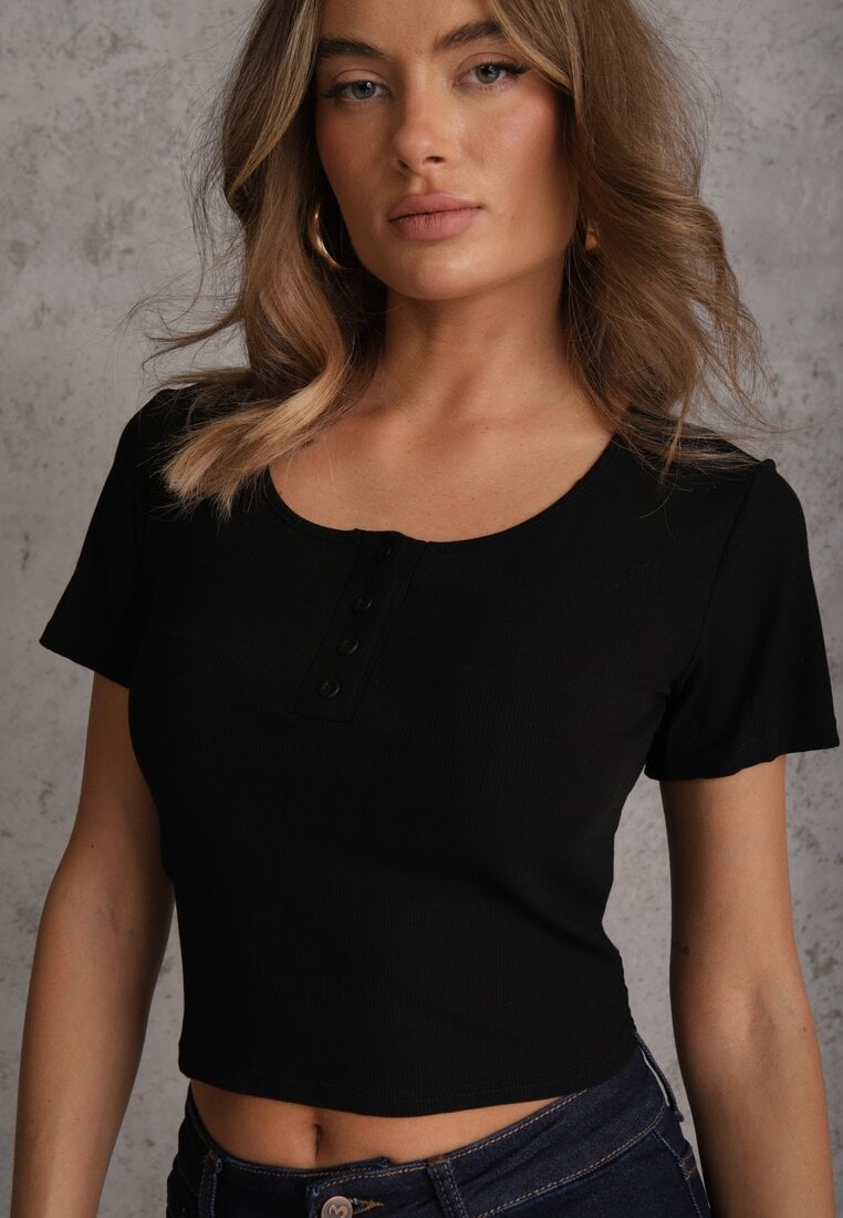 Czarny Top z Bawełny Ozdobiony Guzikami przy Dekolcie Nediva
