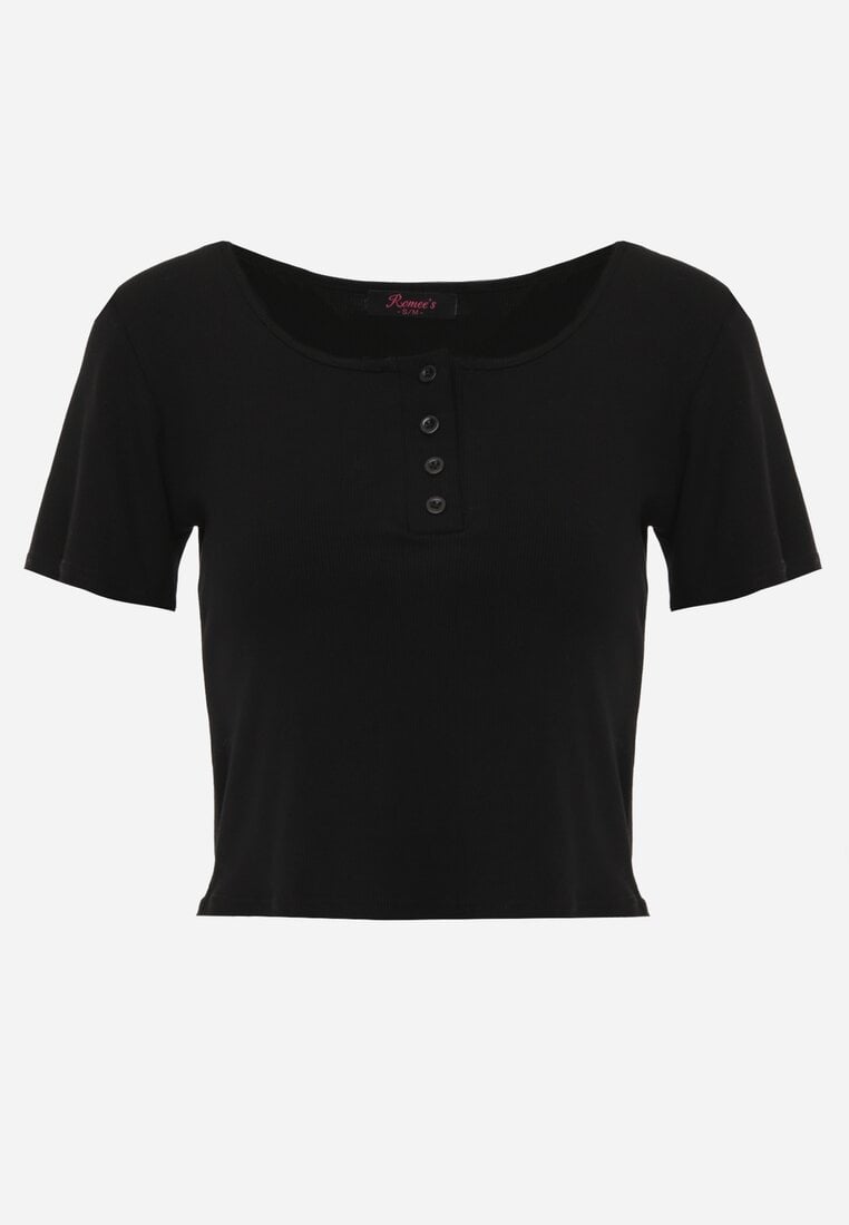 Czarny Top z Bawełny Ozdobiony Guzikami przy Dekolcie Nediva