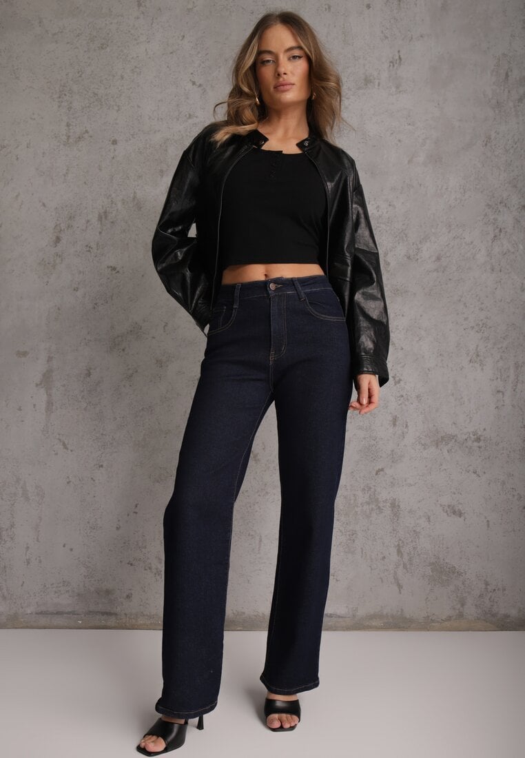 Czarny Top z Bawełny Ozdobiony Guzikami przy Dekolcie Nediva