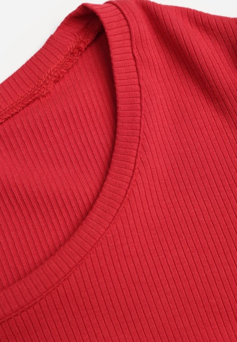 Czerwony T-shirt w Prążki z Marszczeniami po Bokach Nedala