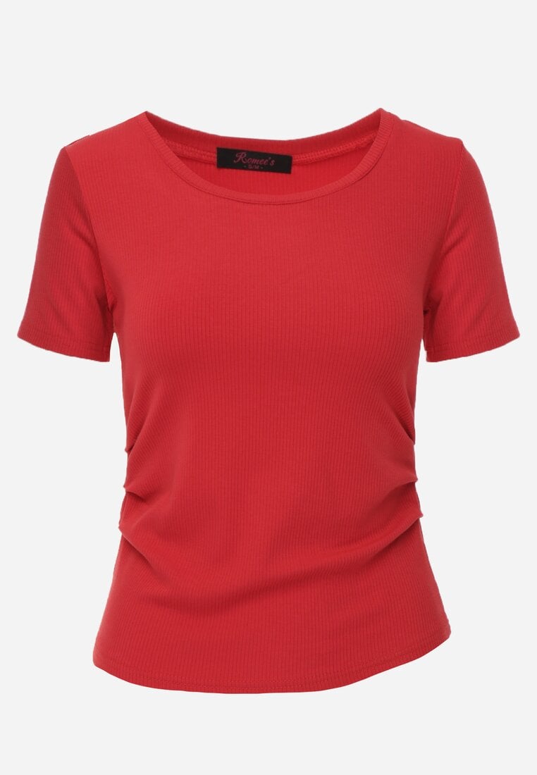 Czerwony T-shirt w Prążki z Marszczeniami po Bokach Nedala