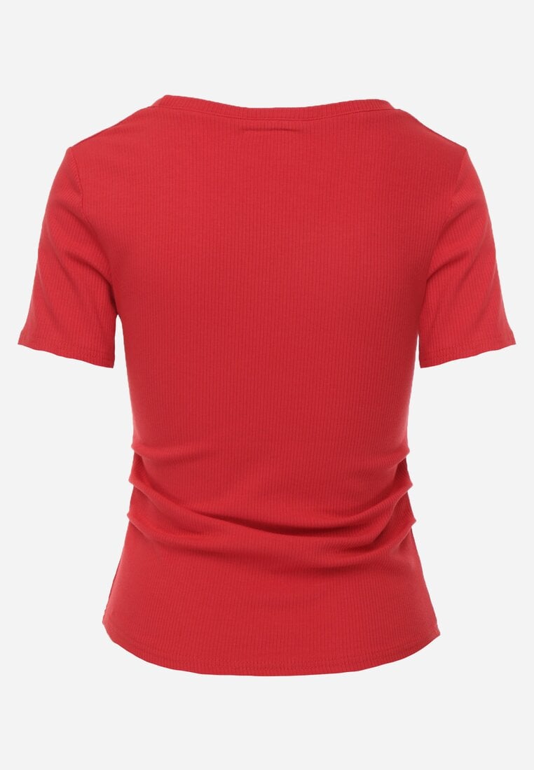 Czerwony T-shirt w Prążki z Marszczeniami po Bokach Nedala