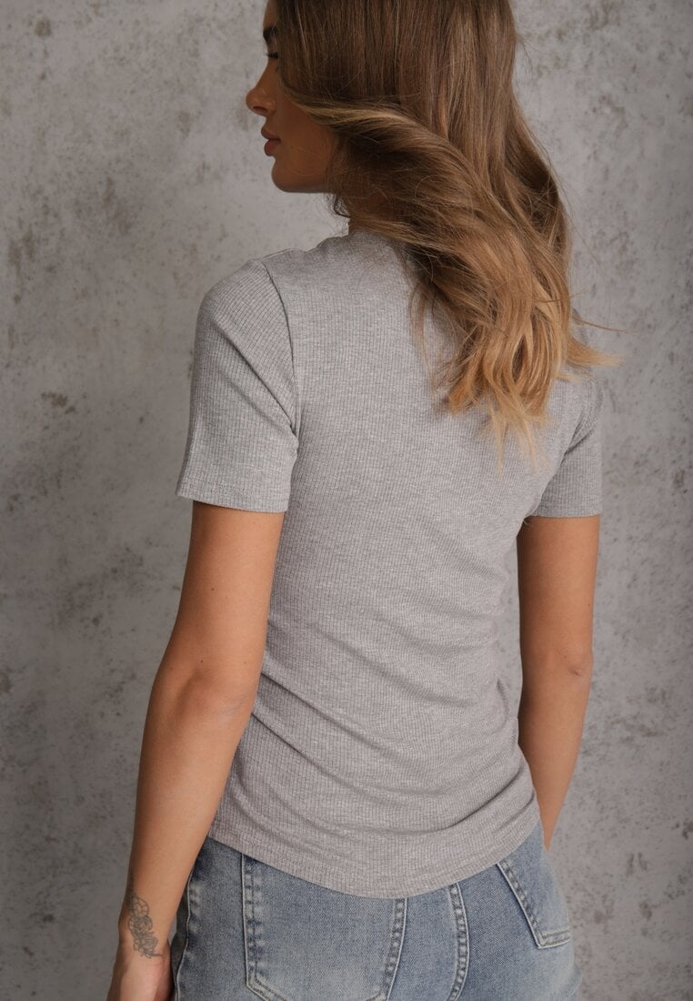 Szary T-shirt w Prążki z Marszczeniami po Bokach Nedala