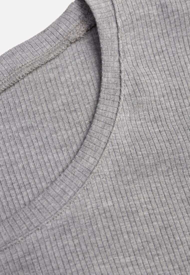 Szary T-shirt w Prążki z Marszczeniami po Bokach Nedala