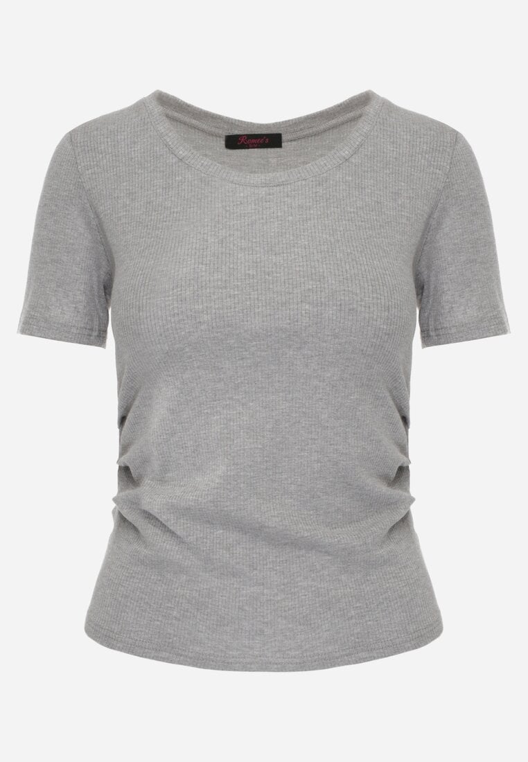 Szary T-shirt w Prążki z Marszczeniami po Bokach Nedala