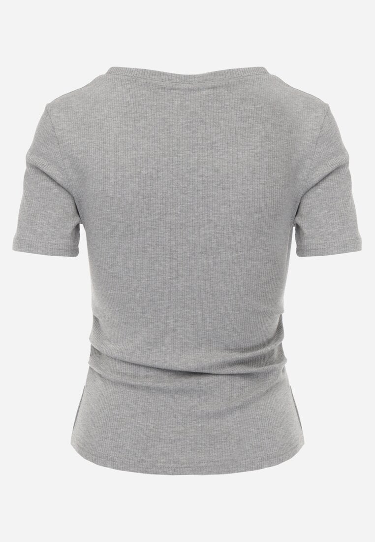 Szary T-shirt w Prążki z Marszczeniami po Bokach Nedala