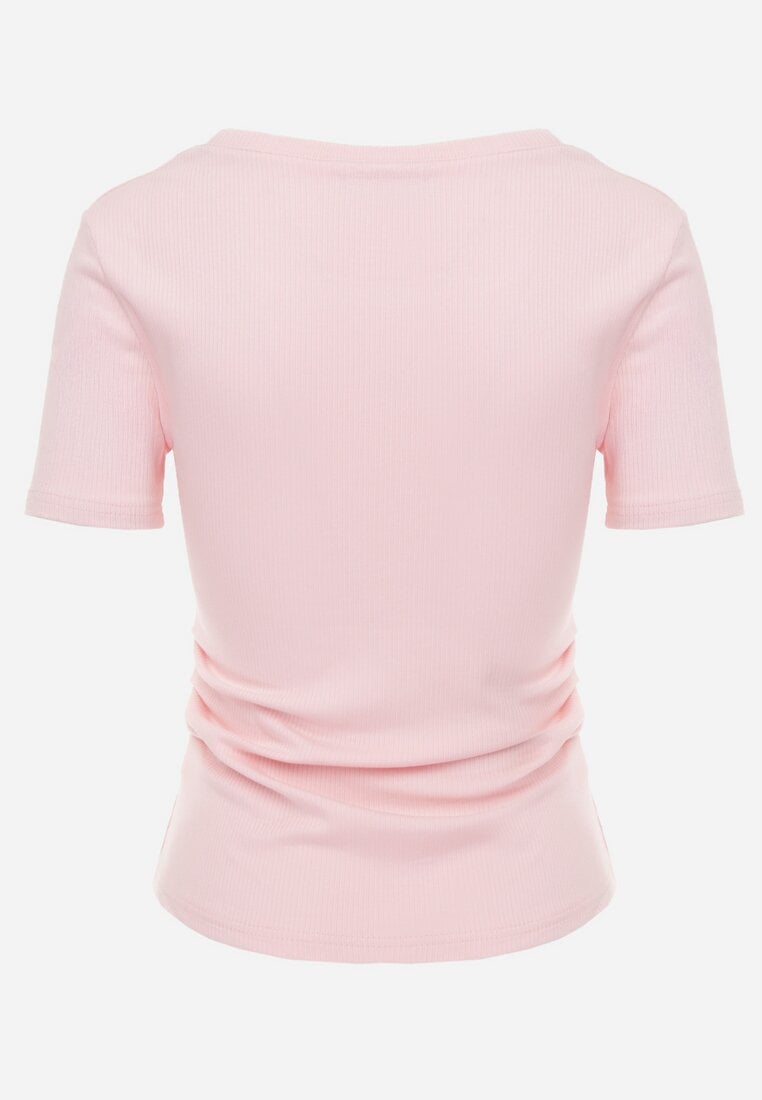 Różowy T-shirt w Prążki z Marszczeniami po Bokach Nedala