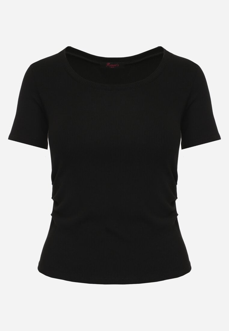 Czarny T-shirt w Prążki z Marszczeniami po Bokach Nedala