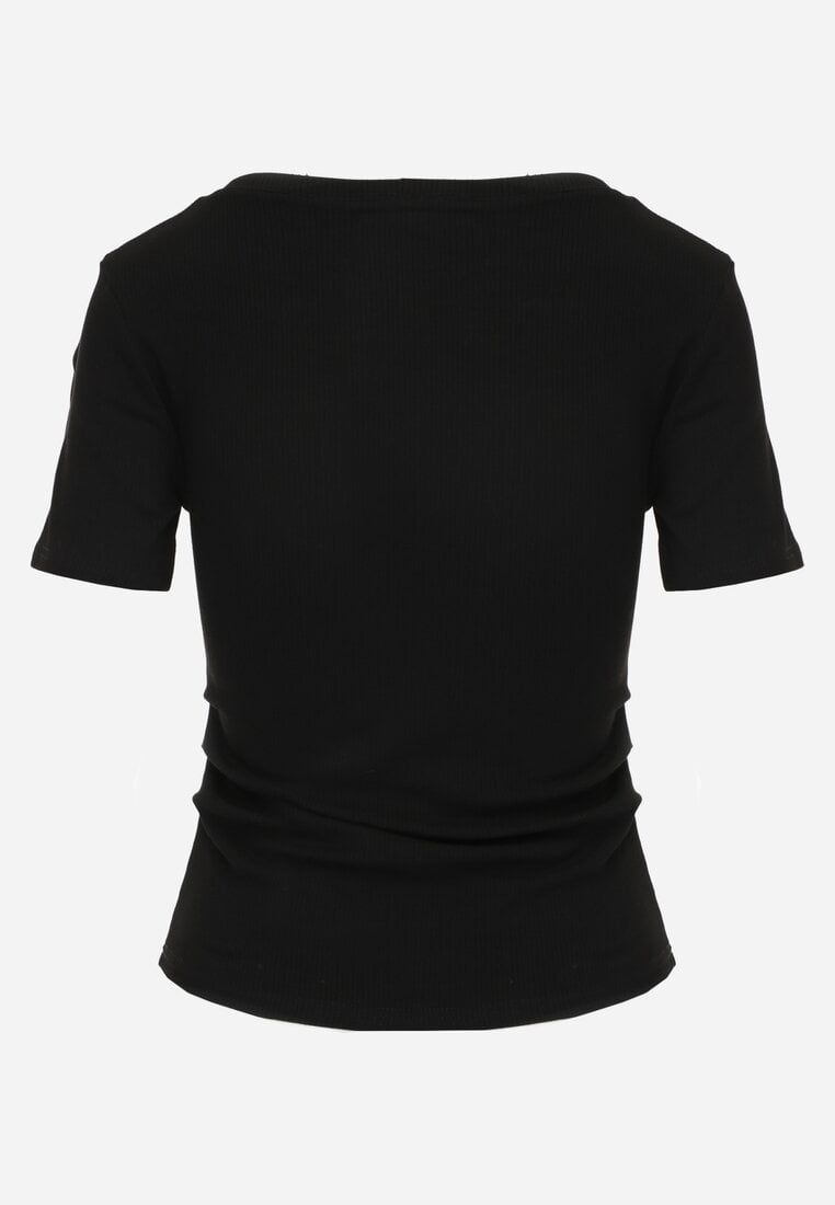 Czarny T-shirt w Prążki z Marszczeniami po Bokach Nedala
