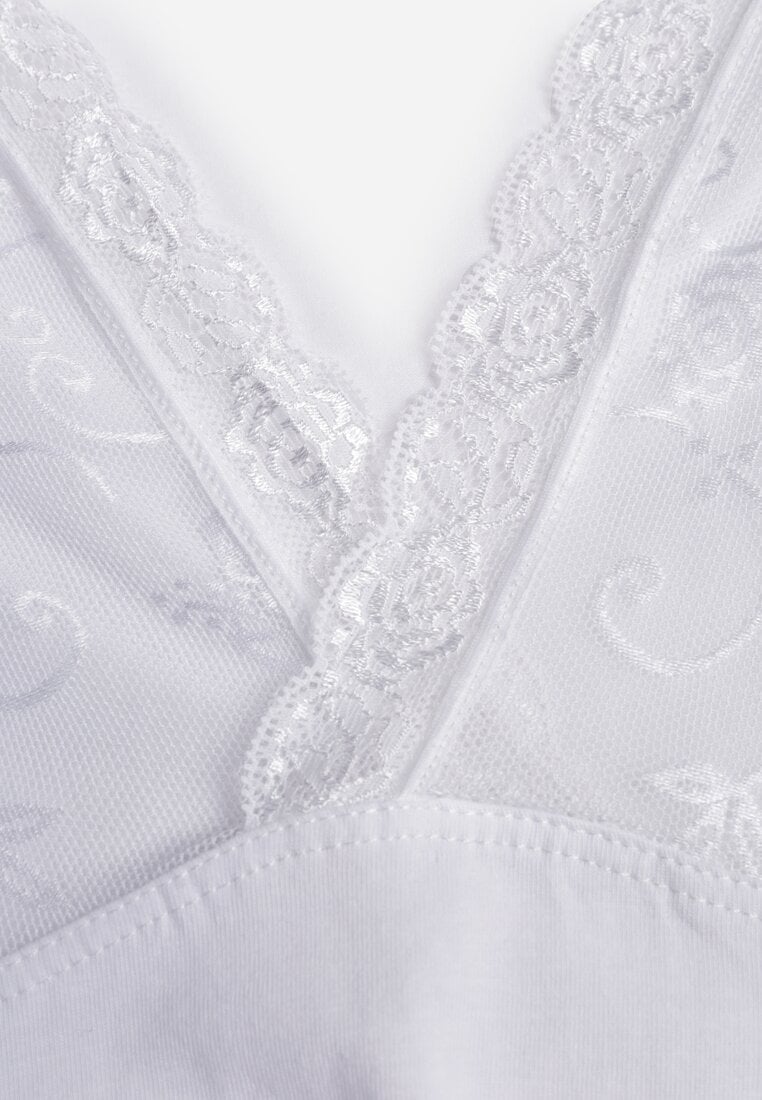 Biały Bieliźniany Top z Bawełny z Siateczkową Wstawką i Koronką Beranela