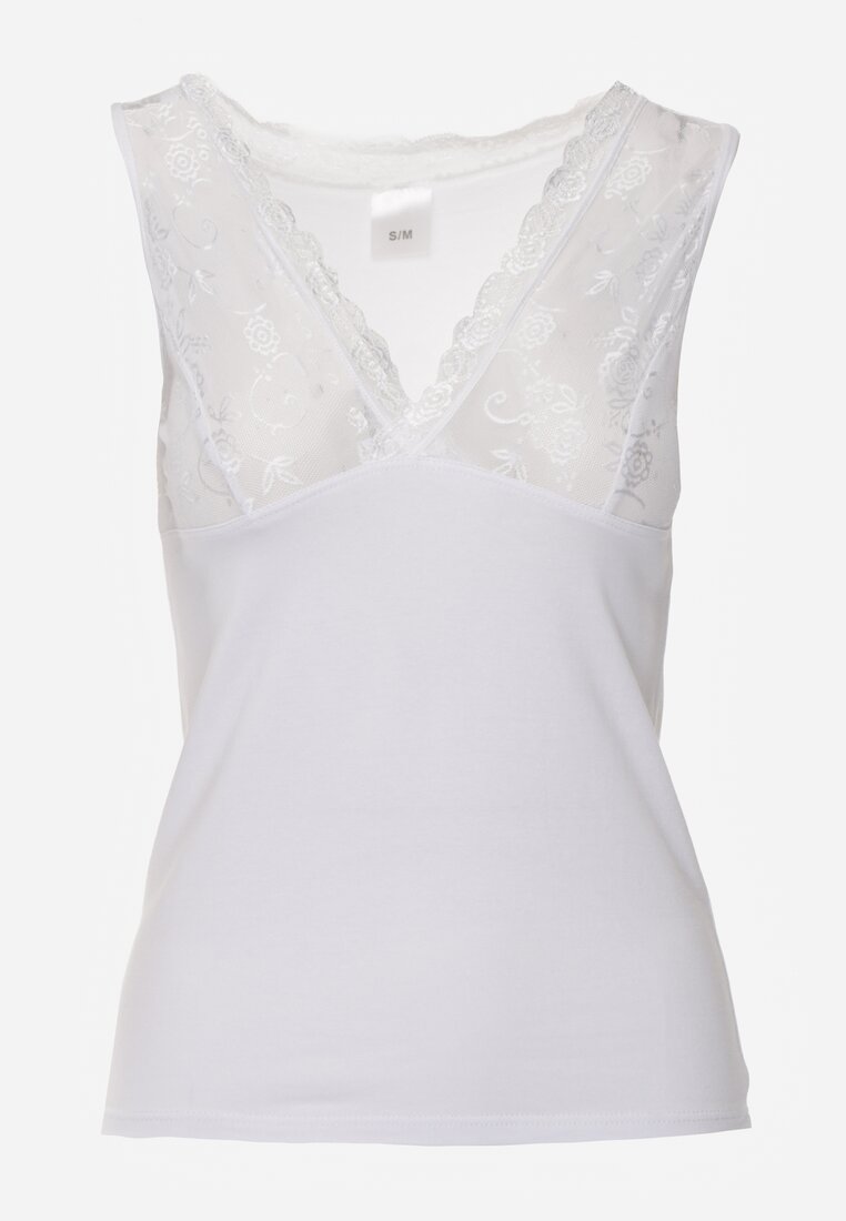 Biały Bieliźniany Top z Bawełny z Siateczkową Wstawką i Koronką Beranela