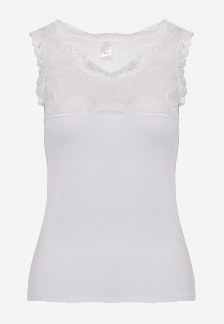 Biały Top z Bawełny Ozdobiony u Góry Koronką Berice