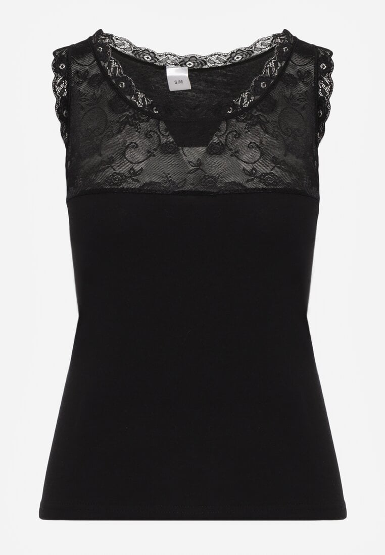 Czarny Top z Bawełny Ozdobiony u Góry Koronką Berice