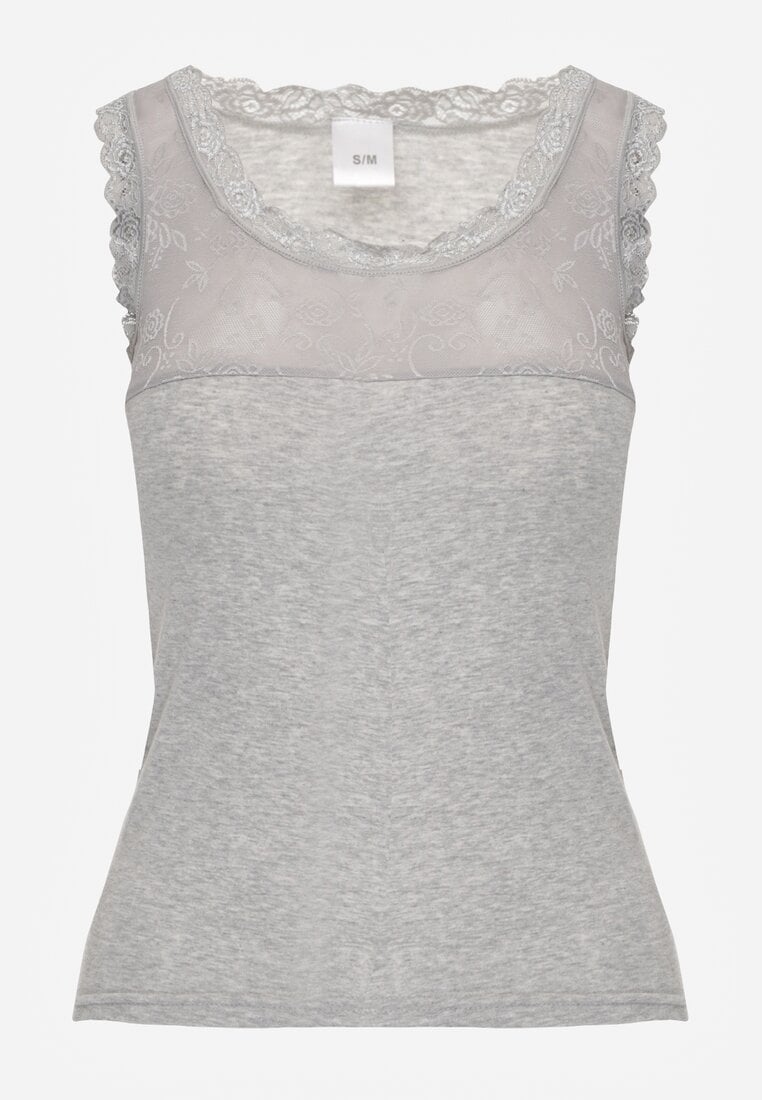 Ciemnoszary Top z Bawełny Ozdobiony u Góry Koronką Berice