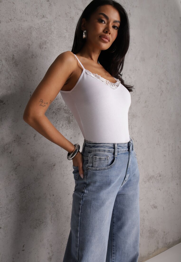 Biały Bieliźniany Top na Ramiączkach z Bawełny Zdobiony Koronką Bernelle