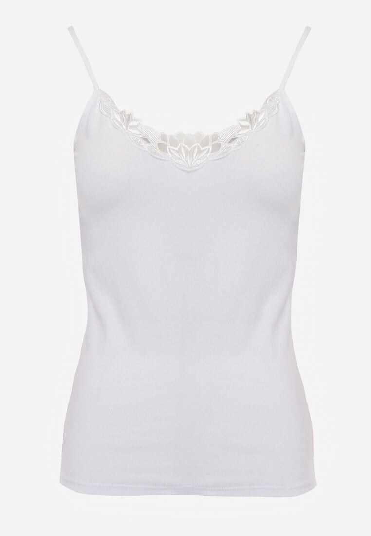 Biały Bieliźniany Top na Ramiączkach z Bawełny Zdobiony Koronką Bernelle