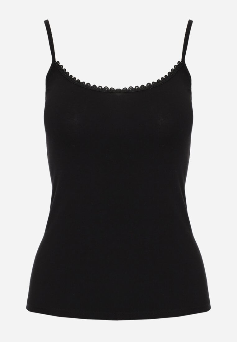 Czarny Bawełniany Top Bieliźniany z Koronką przy Dekolcie Berinda