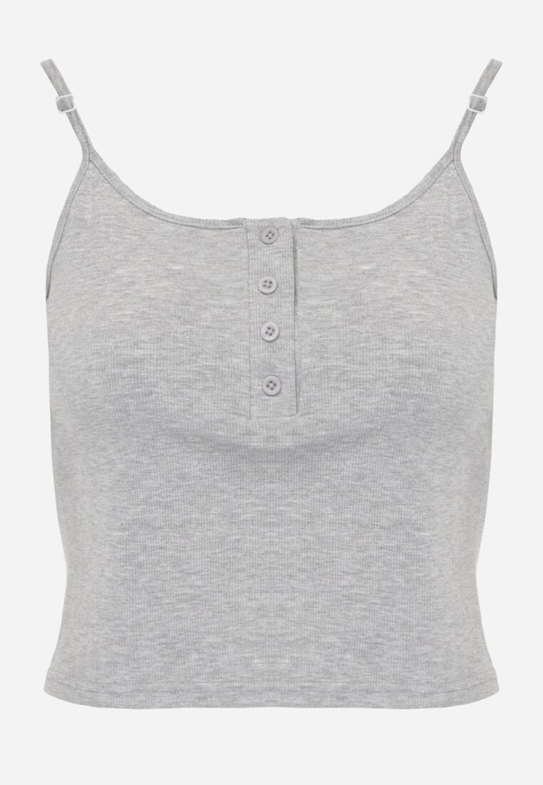 Szary Prążkowany Top na Ramiączkach z Bawełny z Guzikami Bernesa