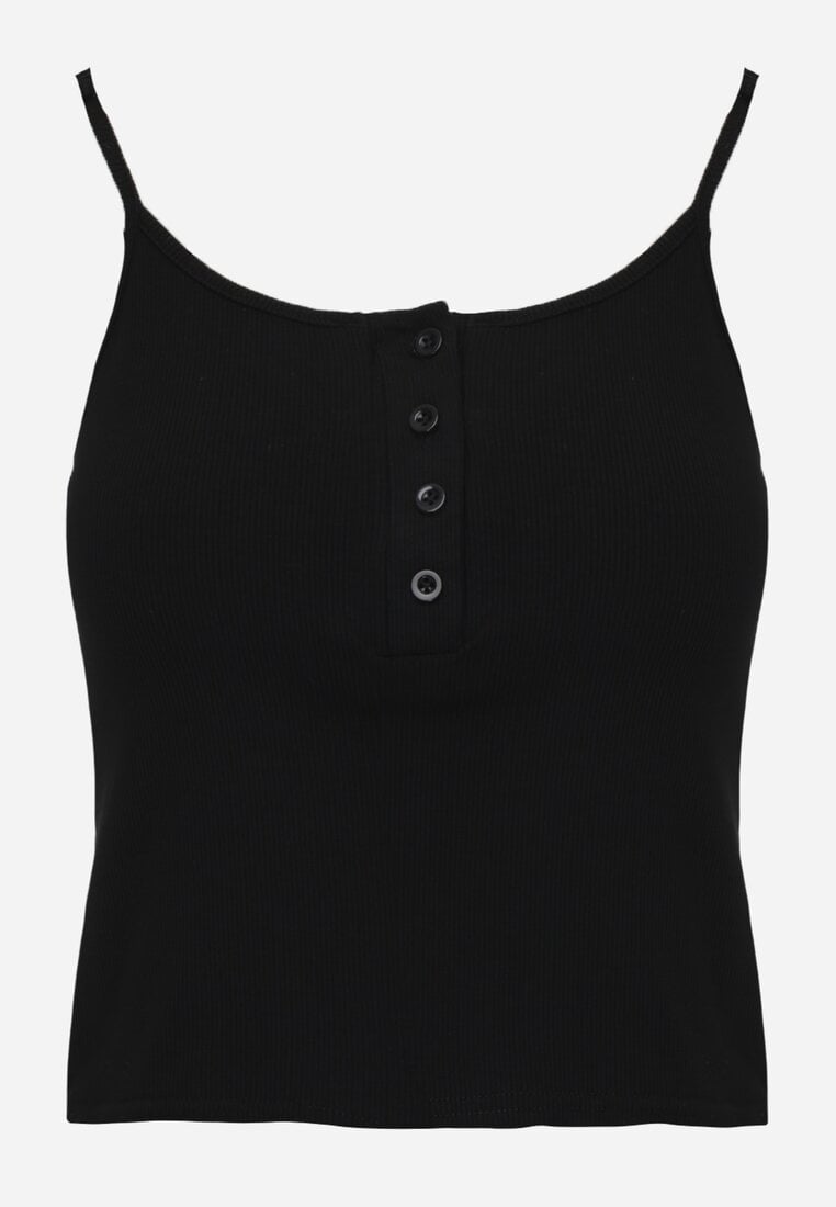 Czarny Prążkowany Top na Ramiączkach z Bawełny z Guzikami Bernesa