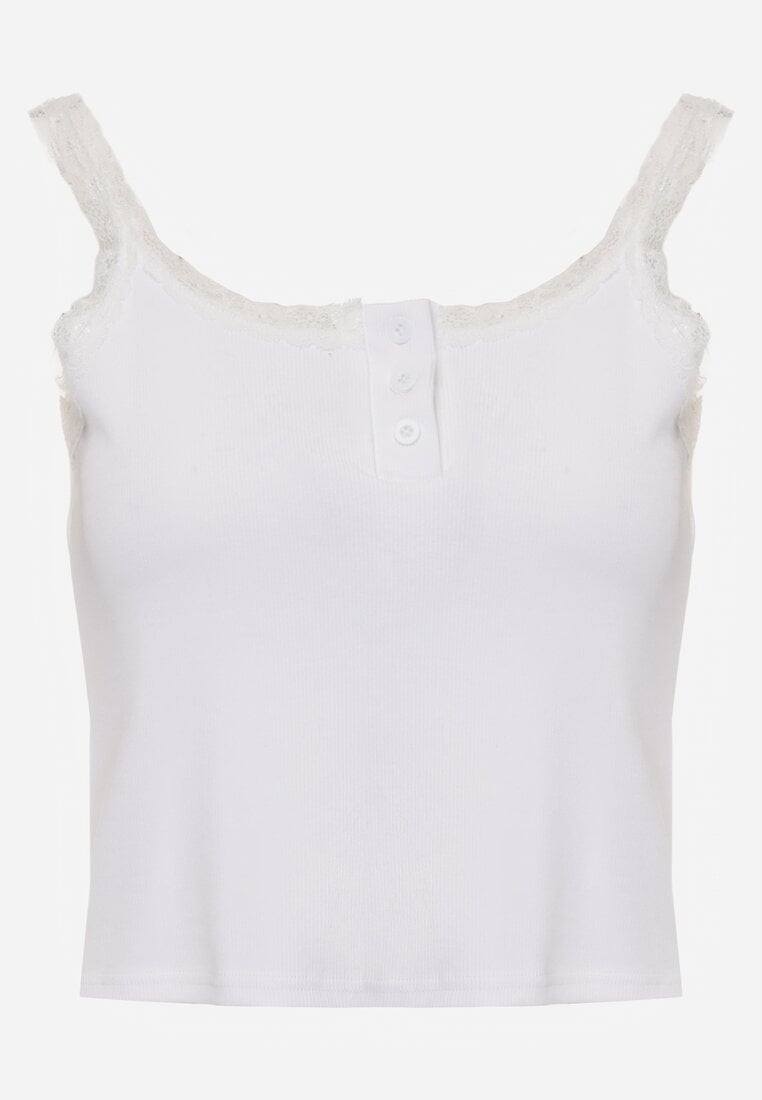 Biały Bawełniany Top z Koronką i Guzikami przy Dekolcie Berinde