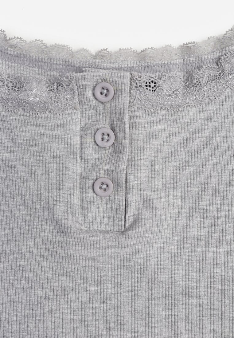 Szary Bawełniany Top z Koronką i Guzikami przy Dekolcie Berinde