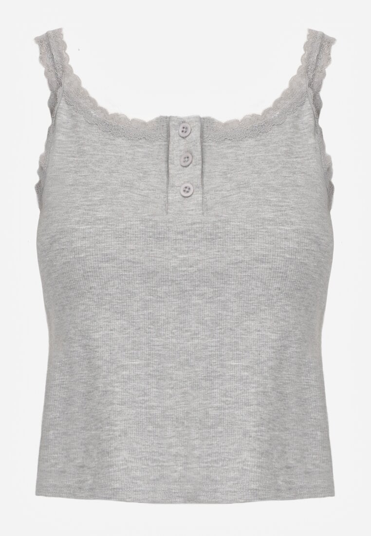 Szary Bawełniany Top z Koronką i Guzikami przy Dekolcie Berinde
