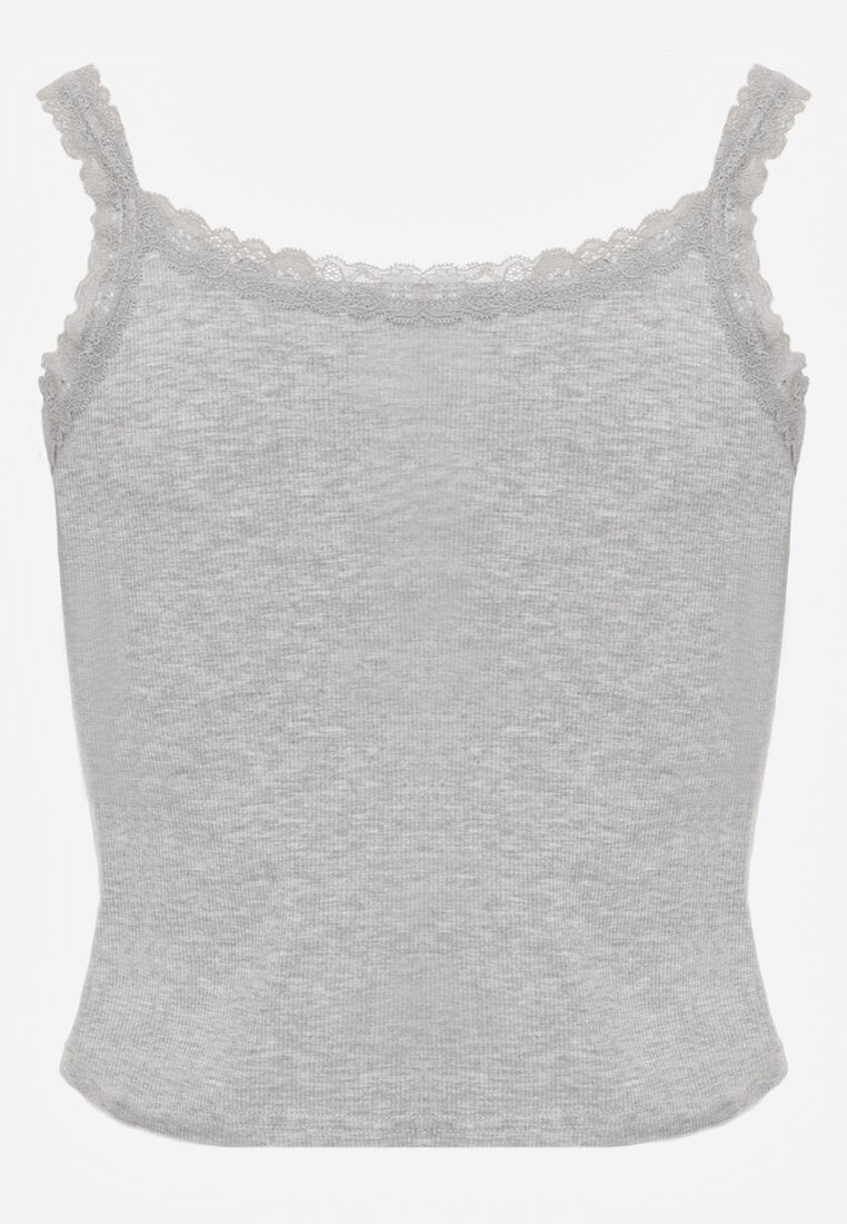 Szary Bawełniany Top z Koronką i Guzikami przy Dekolcie Berinde