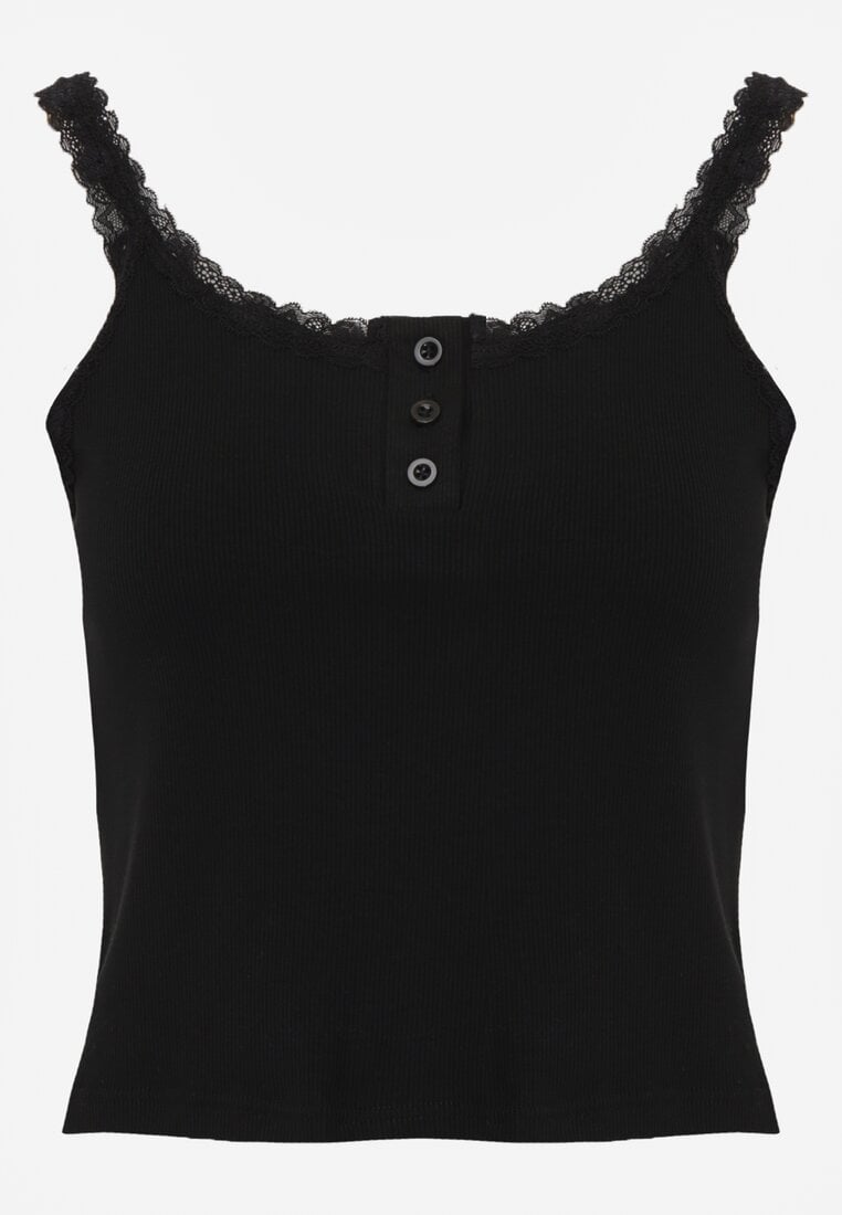 Czarny Bawełniany Top z Koronką i Guzikami przy Dekolcie Berinde